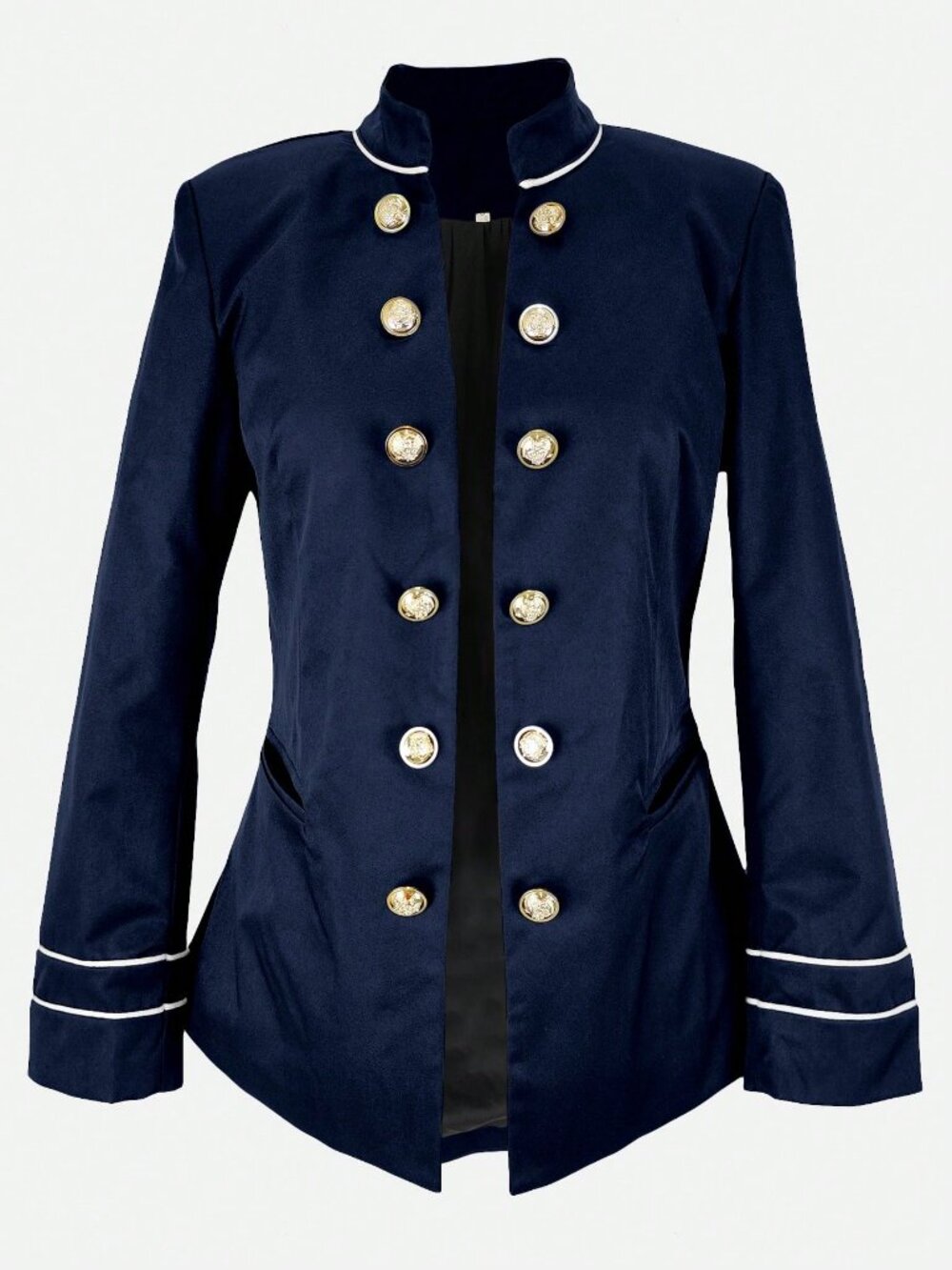 Navy Blue Elegant Women's Double-Breasted Slim Fit Blazer - Picture 3 of 5